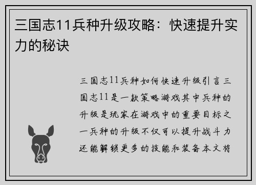 三国志11兵种升级攻略：快速提升实力的秘诀