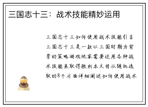 三国志十三：战术技能精妙运用
